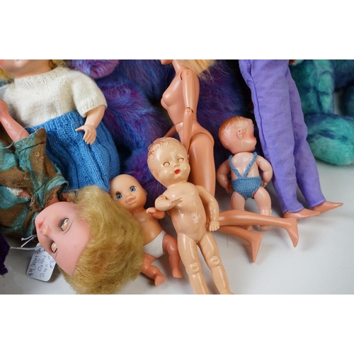 568 - Collection of various plastic dolls and soft toys to include Ty, mid 20th C celluloid dolls, Mattel ... 