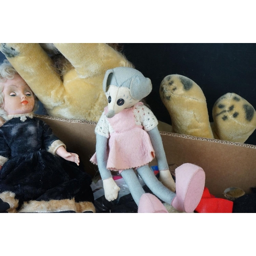 570 - Quantity of mid 20th C onwards soft toys, plastic dolls and childs toys to include Deans Bear, soft ... 