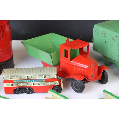 1233 - Group of tin plate toys and models to include Burnett Post Box moneybank, Triang Minic truck (af), B... 