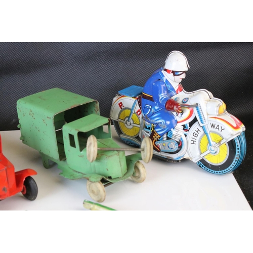 1233 - Group of tin plate toys and models to include Burnett Post Box moneybank, Triang Minic truck (af), B... 