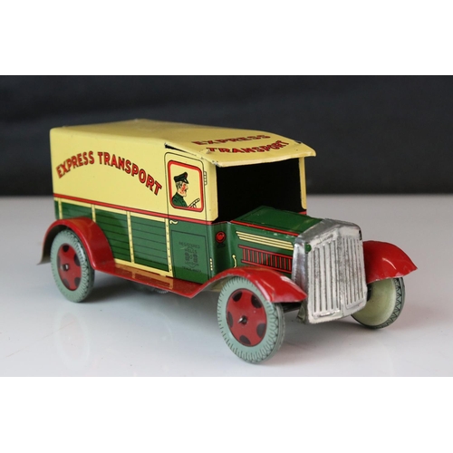 1235 - Wells Of London Clockwork Tinplate `Express Transport` Delivery Van, lithographed in green and cream... 