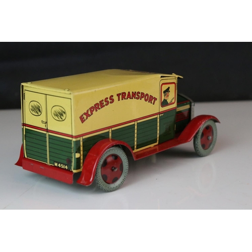 1235 - Wells Of London Clockwork Tinplate `Express Transport` Delivery Van, lithographed in green and cream... 