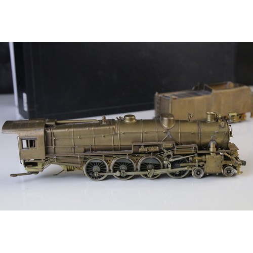 296 - Japanese HO gauge 4-8-2 brass locomotive & tender, unpainted, loose front bogies and front of shell,... 