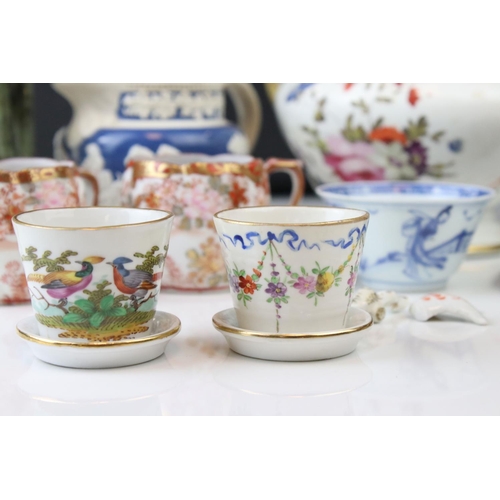 34 - A group of ceramics to include pair of miniature Dresden planters with dishes 19th century tureen ju... 