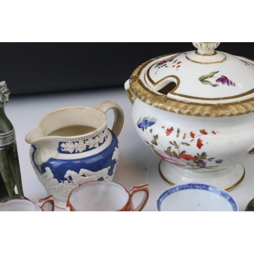 34 - A group of ceramics to include pair of miniature Dresden planters with dishes 19th century tureen ju... 
