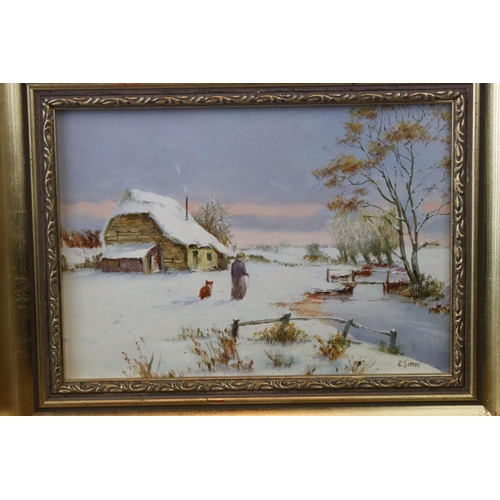 44 - R Simm, Winter Landscape, Oil on canvas, pair, approx 11cm x 16cm.