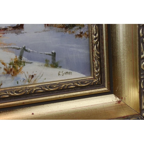 44 - R Simm, Winter Landscape, Oil on canvas, pair, approx 11cm x 16cm.