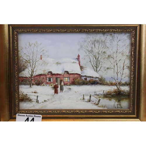 44 - R Simm, Winter Landscape, Oil on canvas, pair, approx 11cm x 16cm.