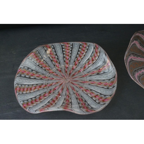 54 - Two Venetian Latticino Glass Bowls with shaped rims and matching Stands, stands approximately 17cms ... 