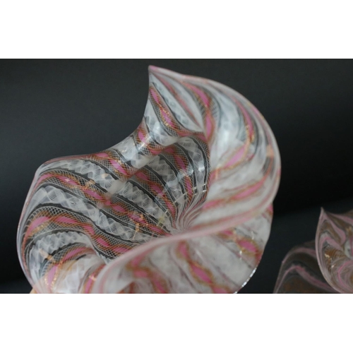 54 - Two Venetian Latticino Glass Bowls with shaped rims and matching Stands, stands approximately 17cms ... 