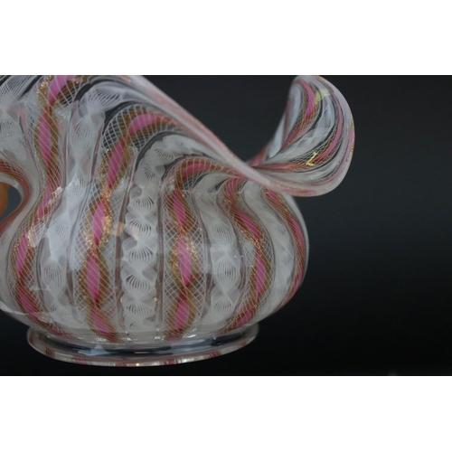 54 - Two Venetian Latticino Glass Bowls with shaped rims and matching Stands, stands approximately 17cms ... 