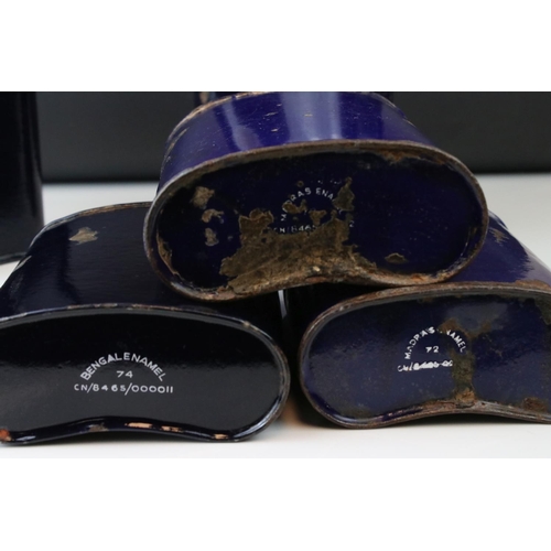 58 - A set of five vintage blue metal enamel Flasks.