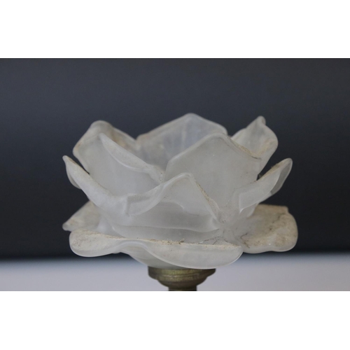139 - A pair of brass electric table lights in the form of flowers with Vaseline glass shades.