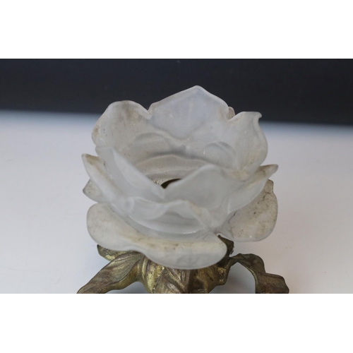 139 - A pair of brass electric table lights in the form of flowers with Vaseline glass shades.