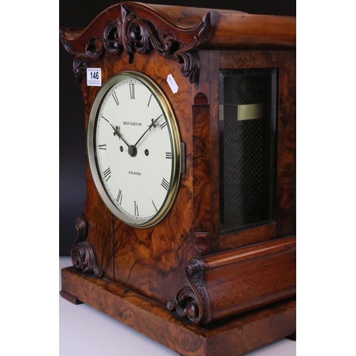 146 - Houghton Of Kilburn 19th century burr walnut cased bracket clock with twin fusee movement with scrol... 