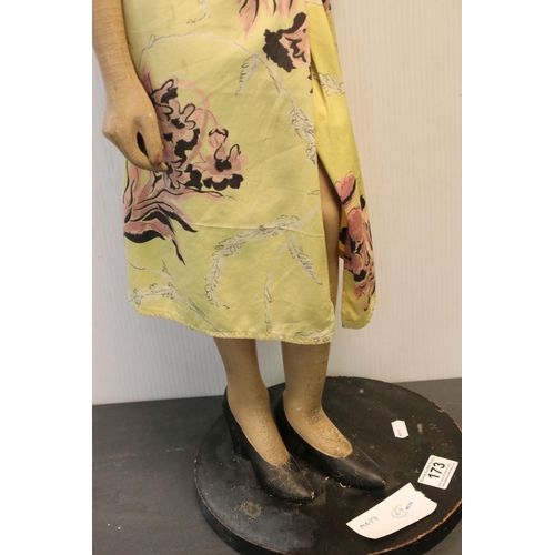 173 - A mid 20th century artist posed model of a lady in dress mounted on plinth.