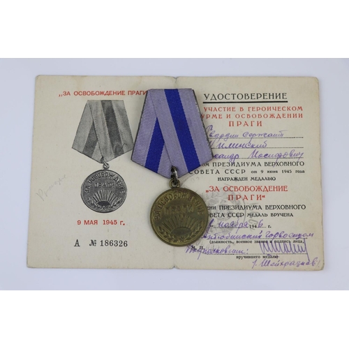 19 - A Russian / Soviet Union Full Size Capture Of Prague Medal With Original Ribbon Fixing And Issue Doc... 