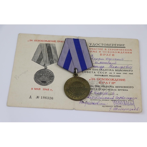 19 - A Russian / Soviet Union Full Size Capture Of Prague Medal With Original Ribbon Fixing And Issue Doc... 