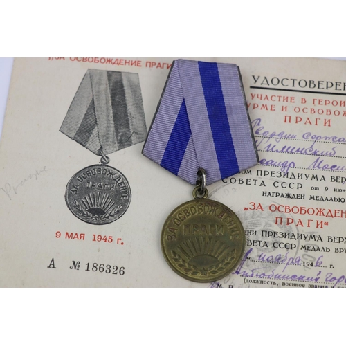 19 - A Russian / Soviet Union Full Size Capture Of Prague Medal With Original Ribbon Fixing And Issue Doc... 