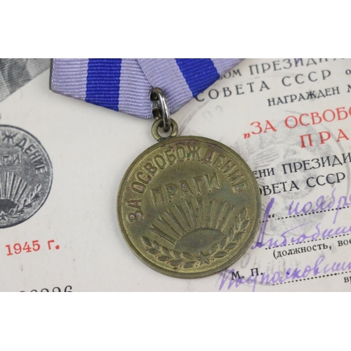 19 - A Russian / Soviet Union Full Size Capture Of Prague Medal With Original Ribbon Fixing And Issue Doc... 