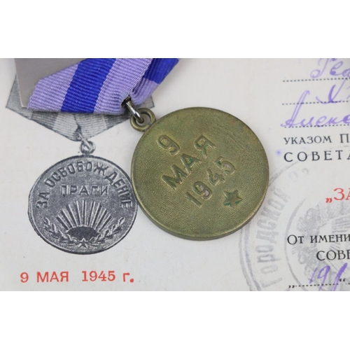 19 - A Russian / Soviet Union Full Size Capture Of Prague Medal With Original Ribbon Fixing And Issue Doc... 