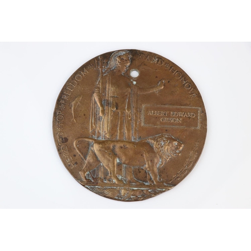 37 - A World War One Death Plaque / Penny To Albert Edward Gibson Of The 9th Battalion Of The Essex Regim... 