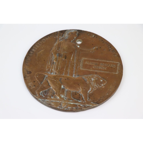 37 - A World War One Death Plaque / Penny To Albert Edward Gibson Of The 9th Battalion Of The Essex Regim... 