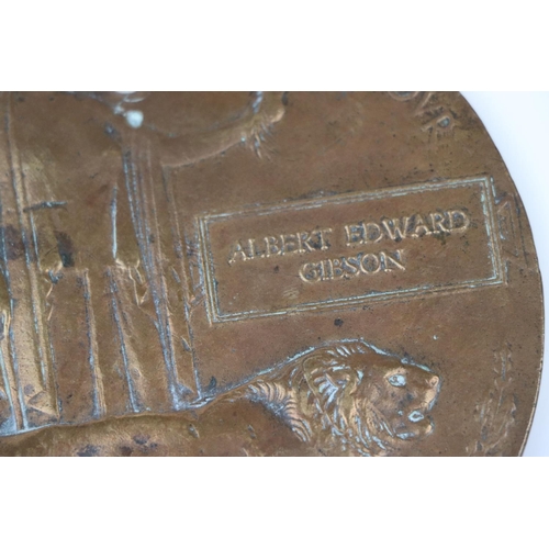 37 - A World War One Death Plaque / Penny To Albert Edward Gibson Of The 9th Battalion Of The Essex Regim... 