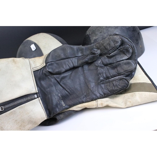 49 - Mid 20th century Motorbike Helmets together with Pair of Signalite Motorbike Gloves