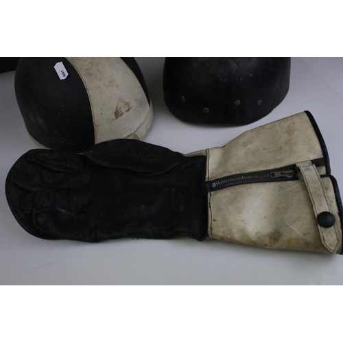 49 - Mid 20th century Motorbike Helmets together with Pair of Signalite Motorbike Gloves