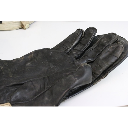 49 - Mid 20th century Motorbike Helmets together with Pair of Signalite Motorbike Gloves
