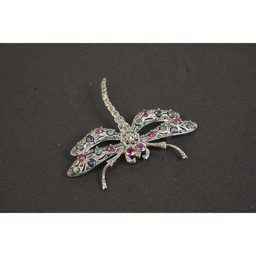 326 - Large silver bug brooch set with semi precious stones