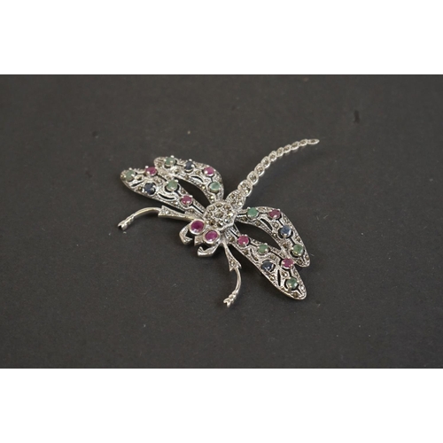 326 - Large silver bug brooch set with semi precious stones