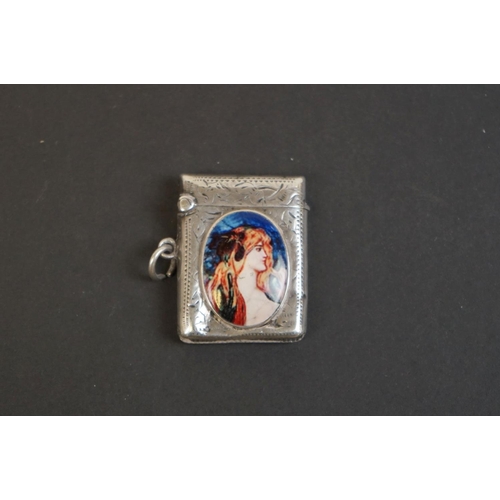 327 - Antique silver vesta case with pictorial image of a lady