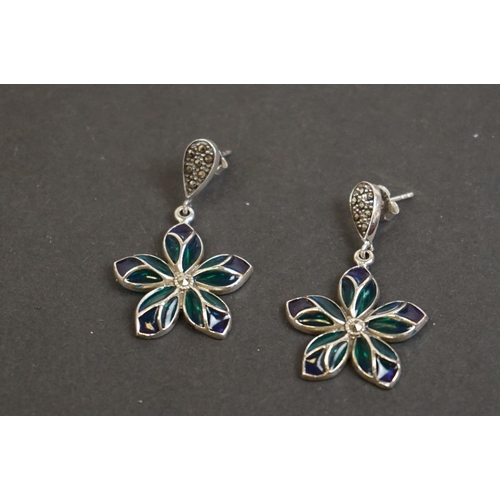 330 - Pair of silver and plique a jour earrings of flower form