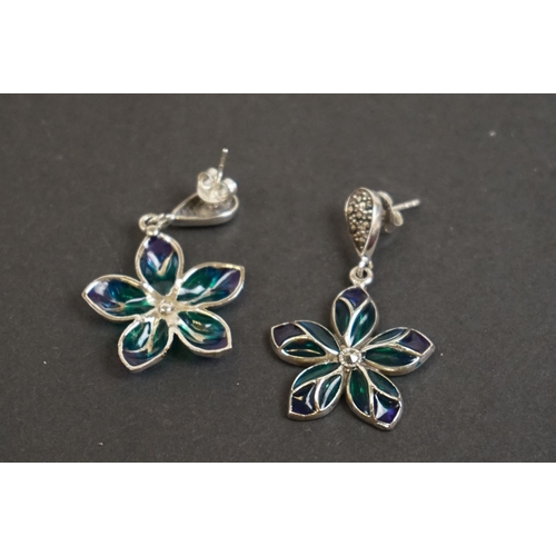 330 - Pair of silver and plique a jour earrings of flower form