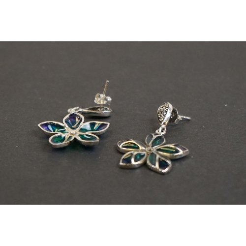 330 - Pair of silver and plique a jour earrings of flower form