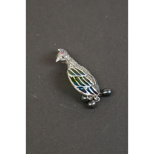 337 - Silver plique a jour peacock brooch-pendant