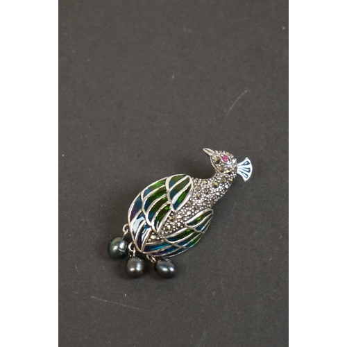 337 - Silver plique a jour peacock brooch-pendant