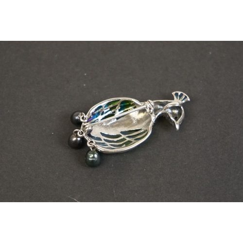 337 - Silver plique a jour peacock brooch-pendant