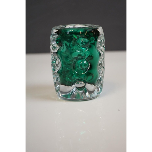 158 - Three Liskeard Green Knobbly Glass Items including Two Vases and a Bowl, marked LG to base, largest ... 