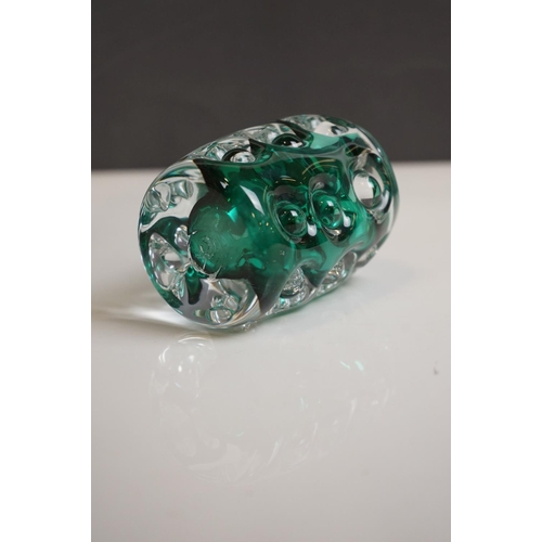 158 - Three Liskeard Green Knobbly Glass Items including Two Vases and a Bowl, marked LG to base, largest ... 