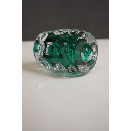 158 - Three Liskeard Green Knobbly Glass Items including Two Vases and a Bowl, marked LG to base, largest ... 