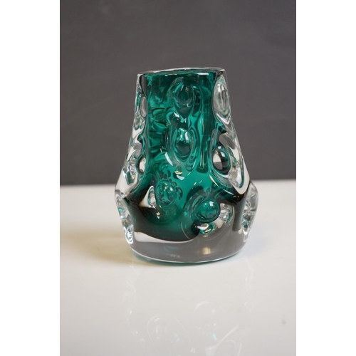 158 - Three Liskeard Green Knobbly Glass Items including Two Vases and a Bowl, marked LG to base, largest ... 