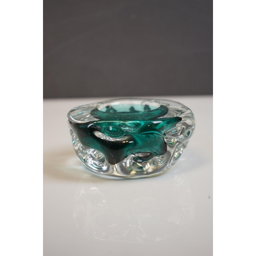 158 - Three Liskeard Green Knobbly Glass Items including Two Vases and a Bowl, marked LG to base, largest ... 