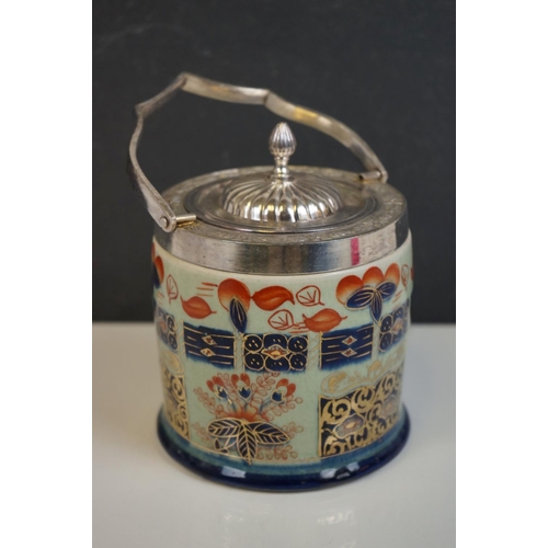 353 - Ceramic ironstone red biscuit barrel with silver plated mounts