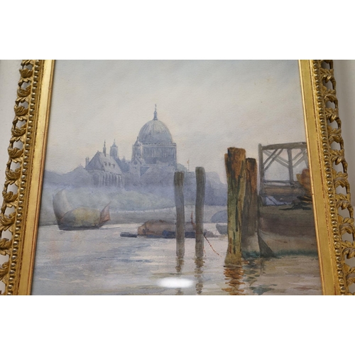 357 - Early 20th century Watercolour of St Pauls's Cathedral across the River Thames, unsigned but label t... 
