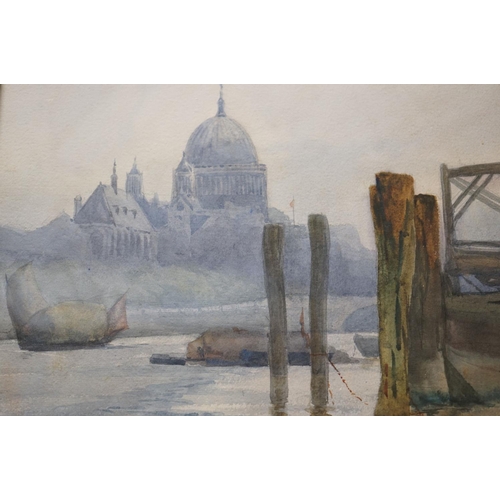 357 - Early 20th century Watercolour of St Pauls's Cathedral across the River Thames, unsigned but label t... 