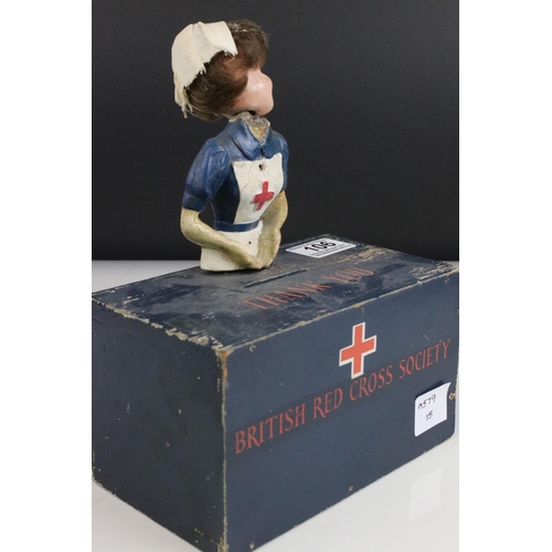 106 - Mid 20th century Painted Wooden ' British Red Cross Society ' Money Collection Box, 18cms wide
