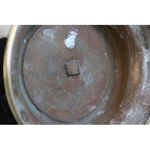 114 - Pair of Brass Gothic / Ecclesiastical Candle Prickets with circular drip trays, 29cms high